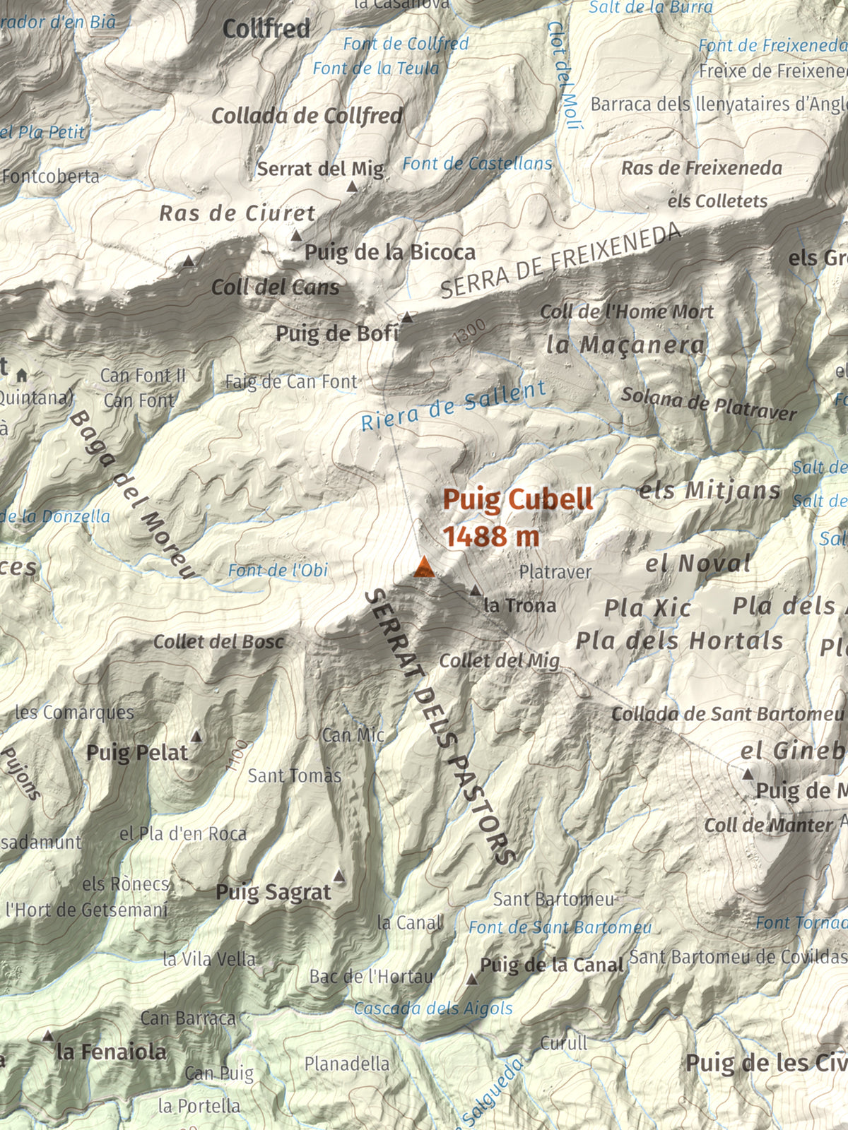 Mapa de relieve de Puig Cubell, 1488 m, Garrotxa · Osona, lámina 100 Cims de Trobart. Detalle de la zona central. 30 × 40 cm.