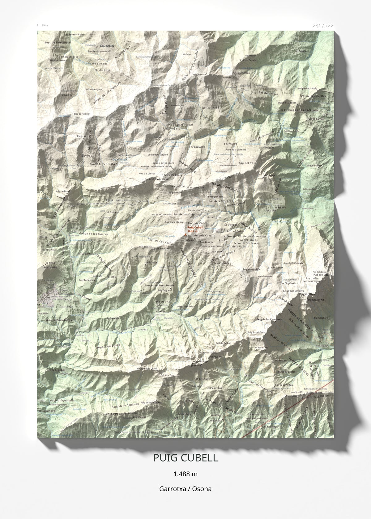 Mapa de relieve de Puig Cubell, 1488 m, Garrotxa · Osona, lámina 100 Cims de Trobart 50 × 70 cm.