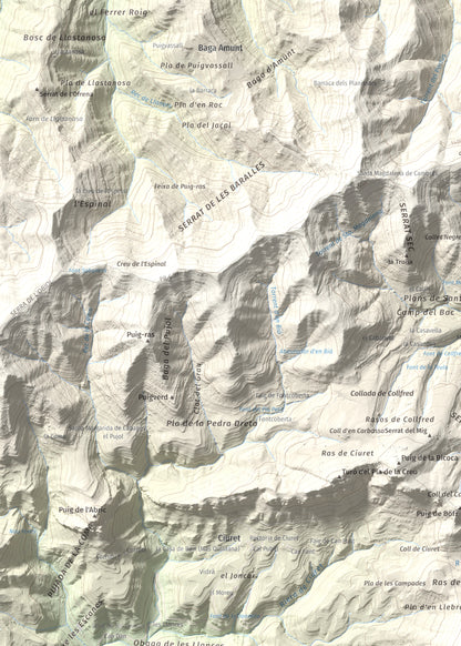 Mapa de relieve de Puig Cubell, 1488 m, Garrotxa · Osona, lámina 100 Cims de Trobart. Detalle de la zona superior izquierda. 50 × 70 cm.