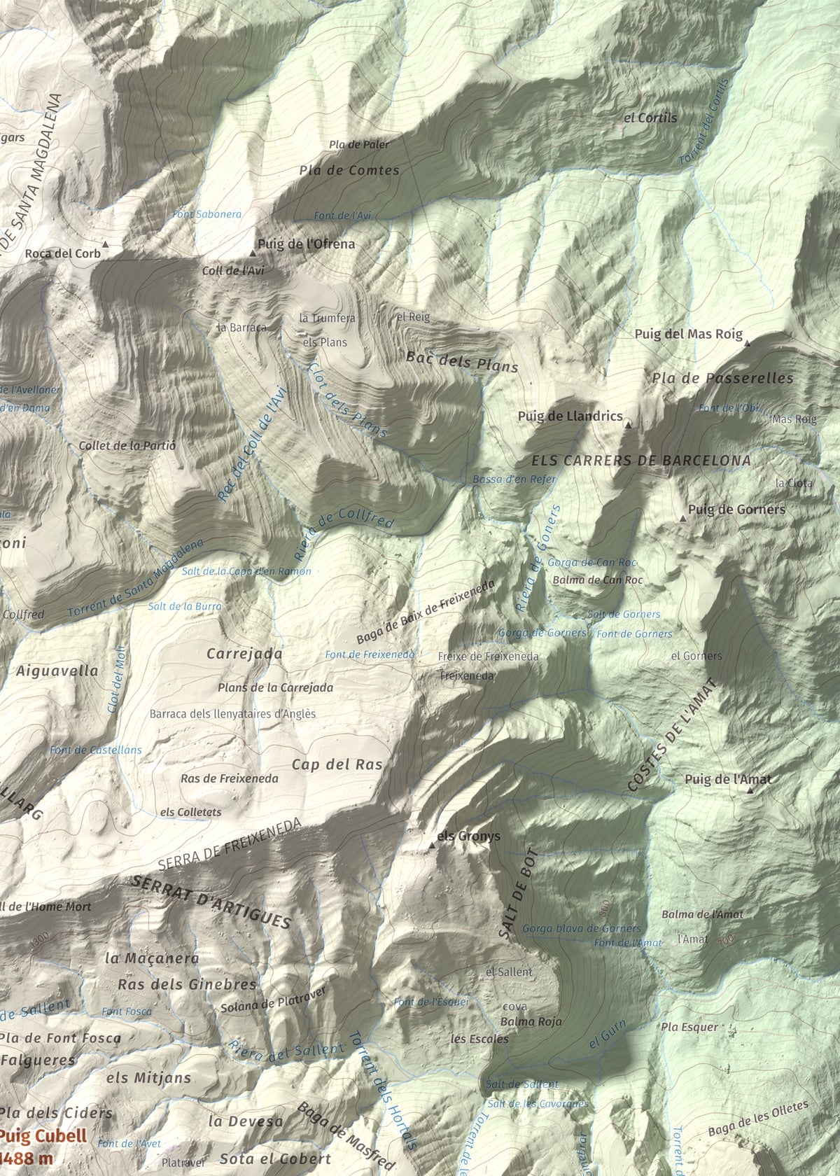 Mapa de relieve de Puig Cubell, 1488 m, Garrotxa · Osona, lámina 100 Cims de Trobart. Detalle de la zona superior derecha. 50 × 70 cm.