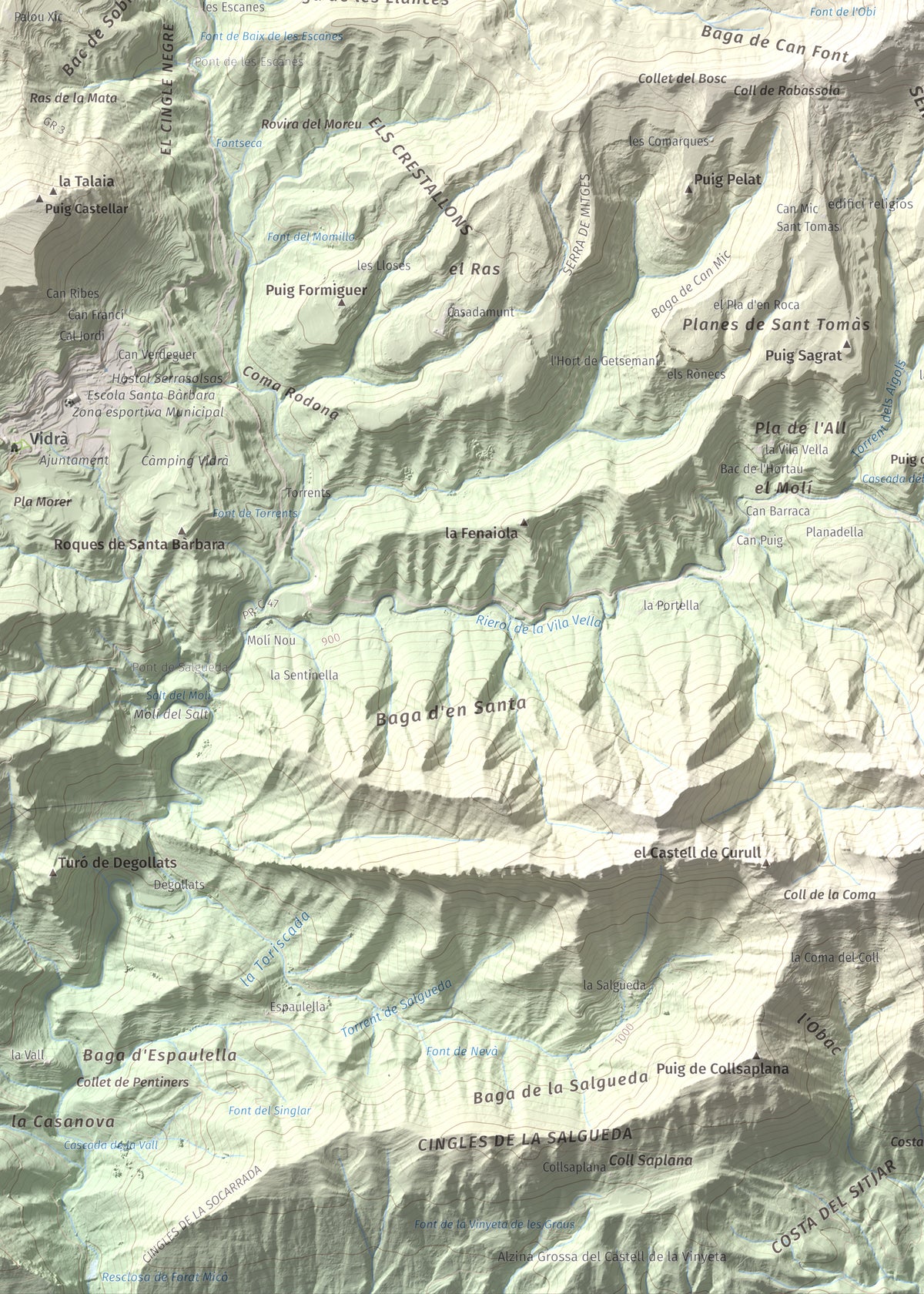 Mapa de relieve de Puig Cubell, 1488 m, Garrotxa · Osona, lámina 100 Cims de Trobart. Detalle de la zona inferior izquierda. 50 × 70 cm.