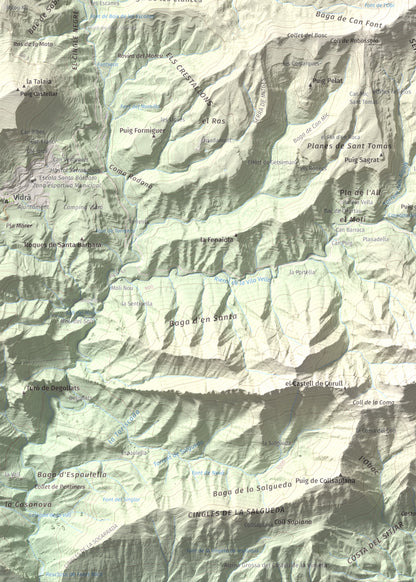 Mapa de relieve de Puig Cubell, 1488 m, Garrotxa · Osona, lámina 100 Cims de Trobart. Detalle de la zona inferior izquierda. 50 × 70 cm.