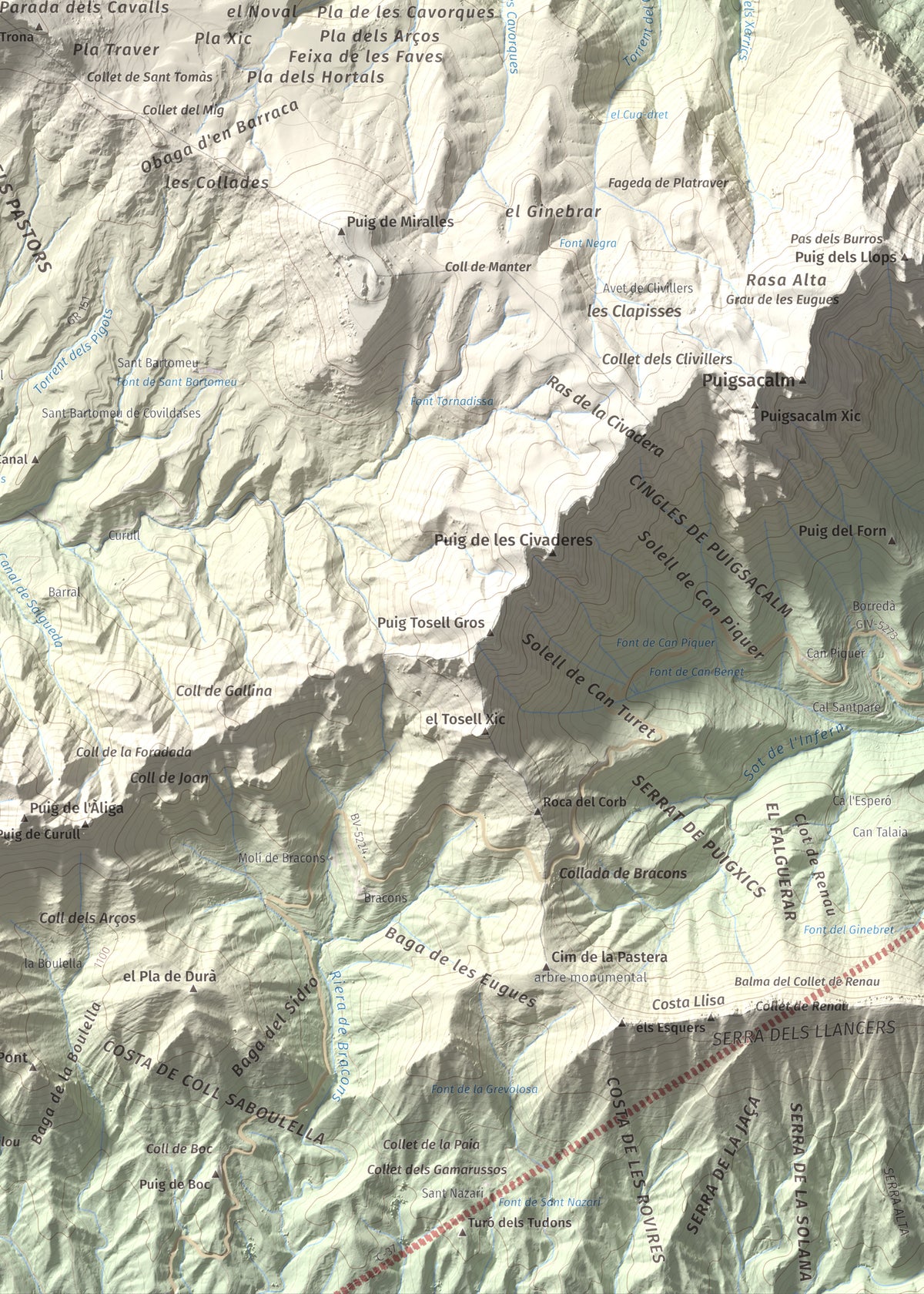 Mapa de relieve de Puig Cubell, 1488 m, Garrotxa · Osona, lámina 100 Cims de Trobart. Detalle de la zona inferior derecha. 50 × 70 cm.