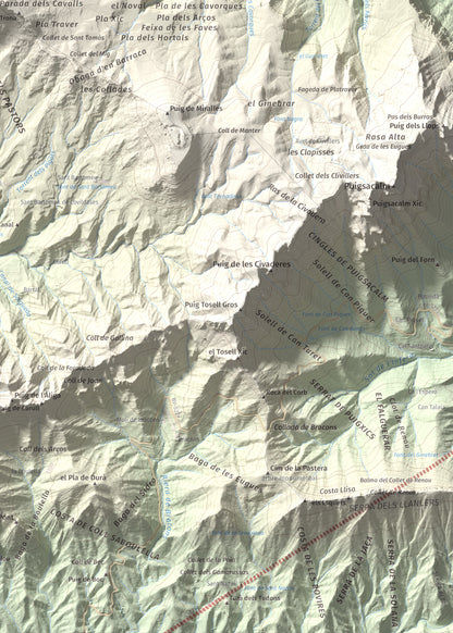 Mapa de relieve de Puig Cubell, 1488 m, Garrotxa · Osona, lámina 100 Cims de Trobart. Detalle de la zona inferior derecha. 50 × 70 cm.