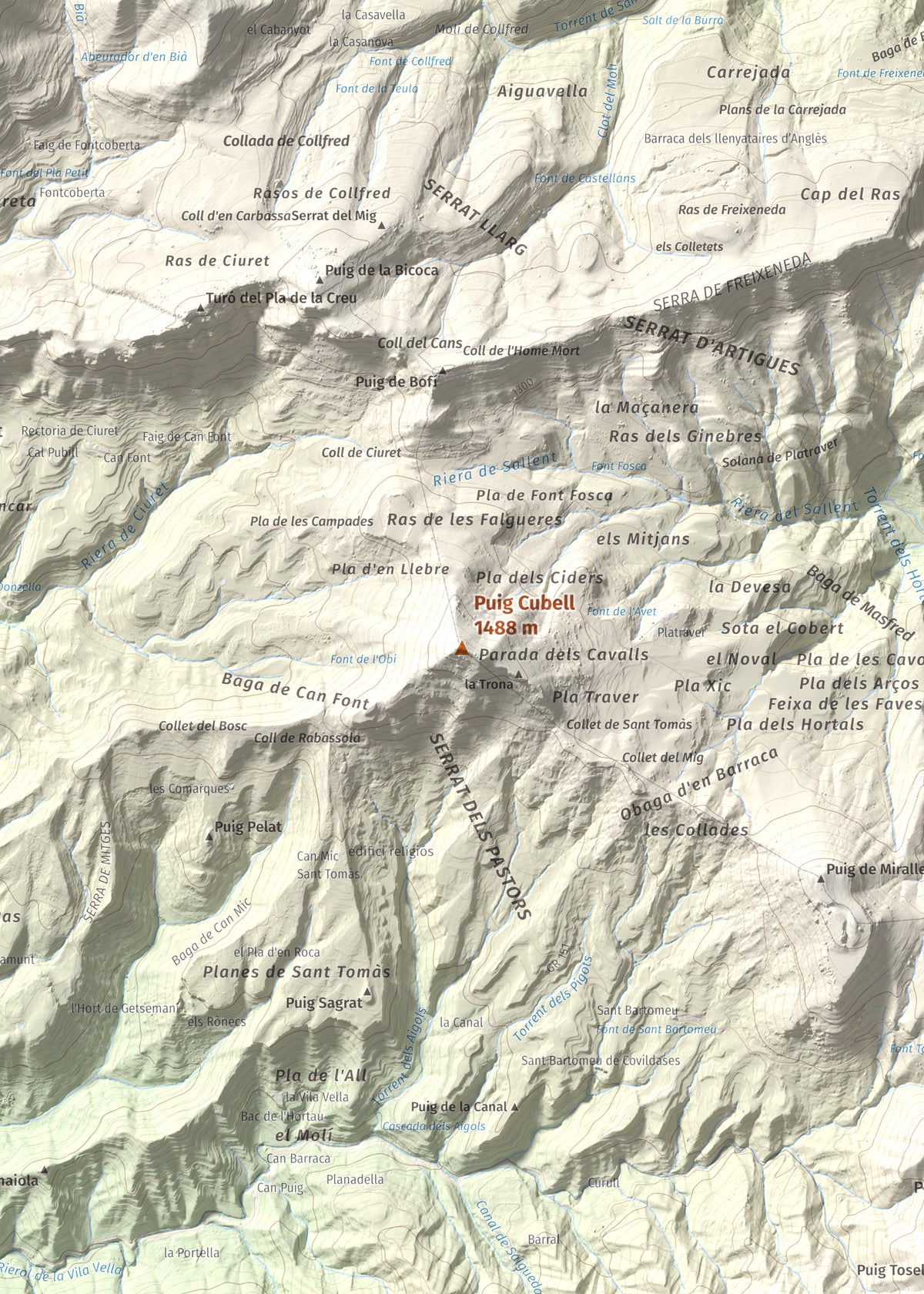 Mapa de relieve de Puig Cubell, 1488 m, Garrotxa · Osona, lámina 100 Cims de Trobart. Detalle de la zona central. 50 × 70 cm.