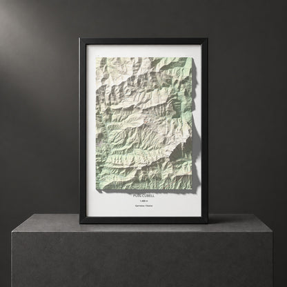 Mapa de relieve de Puig Cubell, 1488 m, Garrotxa · Osona, lámina 100 Cims de Trobart. Presentación enmarcada. 61 × 91 cm.