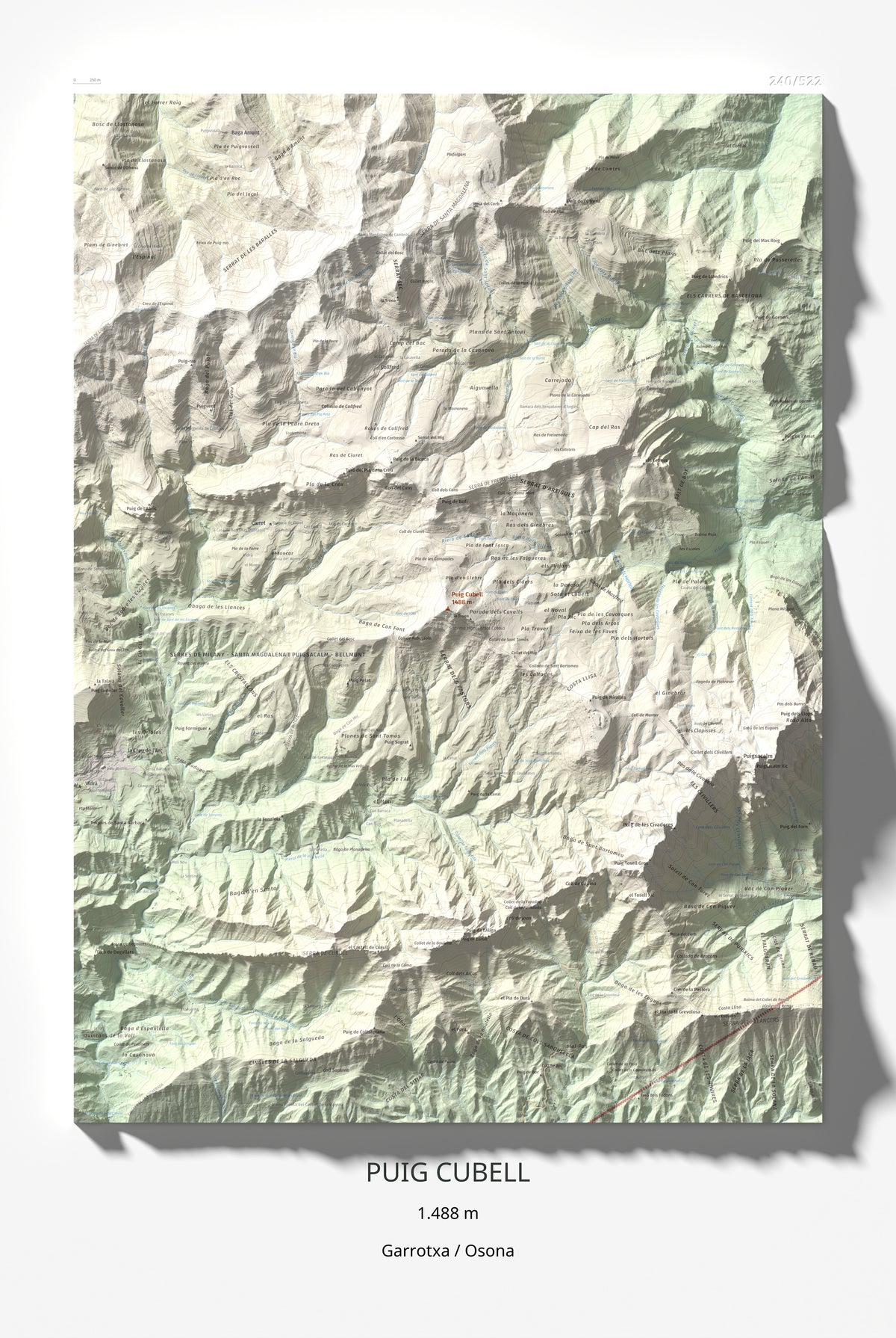 Mapa de relieve de Puig Cubell, 1488 m, Garrotxa · Osona, lámina 100 Cims de Trobart 61 × 91 cm.