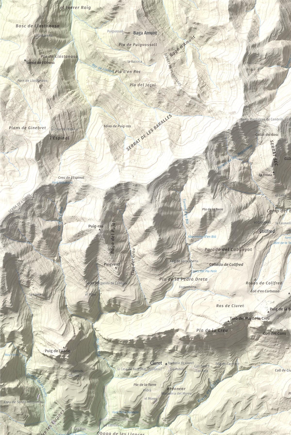 Mapa de relieve de Puig Cubell, 1488 m, Garrotxa · Osona, lámina 100 Cims de Trobart. Detalle de la zona superior izquierda. 61 × 91 cm.