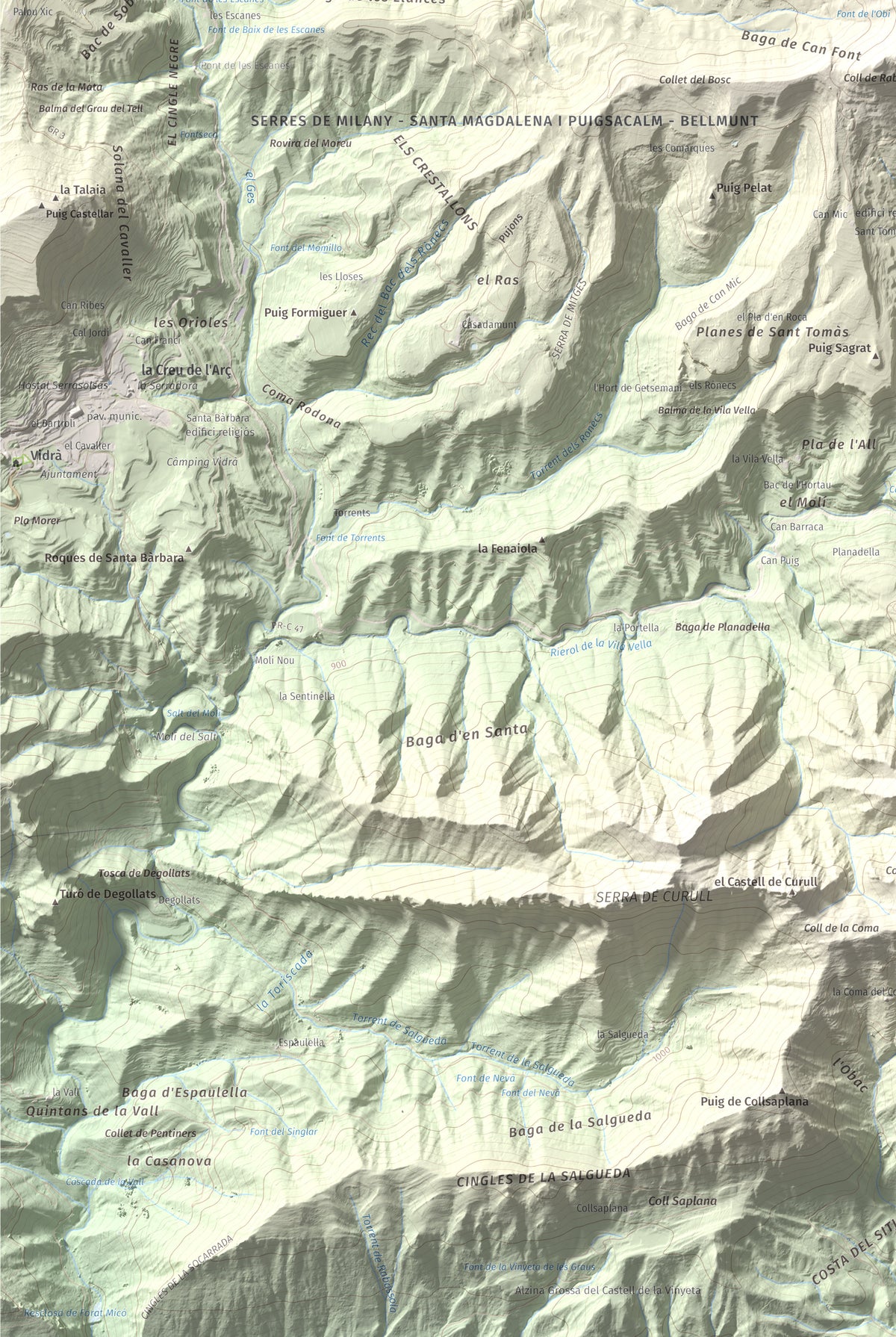 Mapa de relieve de Puig Cubell, 1488 m, Garrotxa · Osona, lámina 100 Cims de Trobart. Detalle de la zona inferior izquierda. 61 × 91 cm.