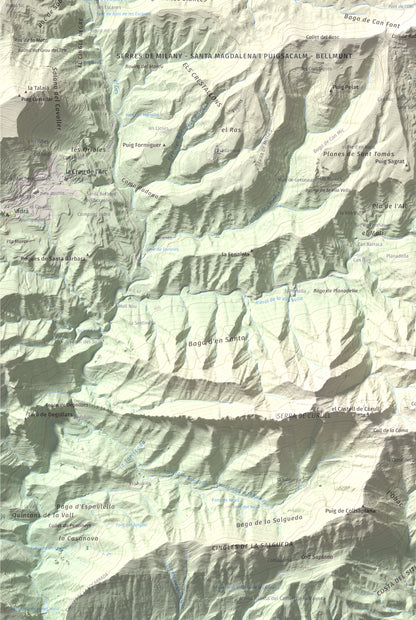 Mapa de relieve de Puig Cubell, 1488 m, Garrotxa · Osona, lámina 100 Cims de Trobart. Detalle de la zona inferior izquierda. 61 × 91 cm.