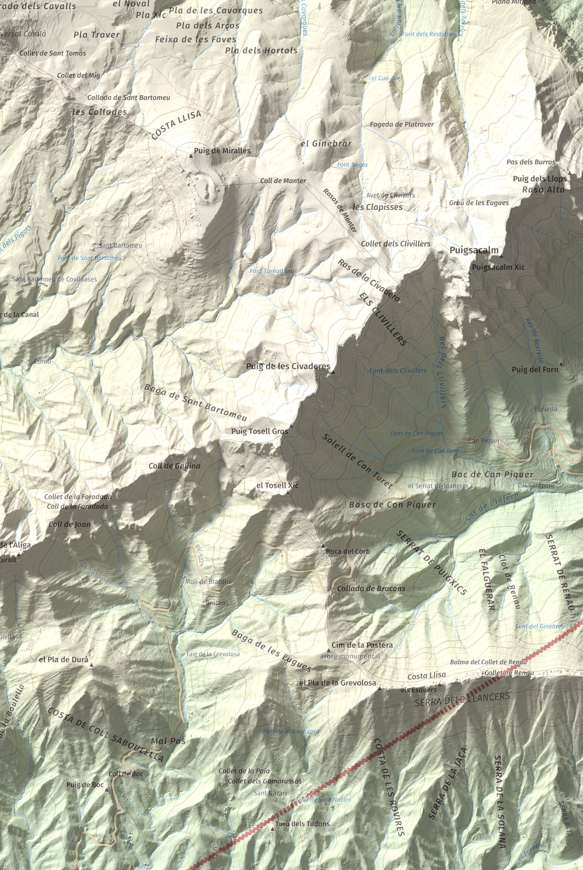 Mapa de relieve de Puig Cubell, 1488 m, Garrotxa · Osona, lámina 100 Cims de Trobart. Detalle de la zona inferior derecha. 61 × 91 cm.