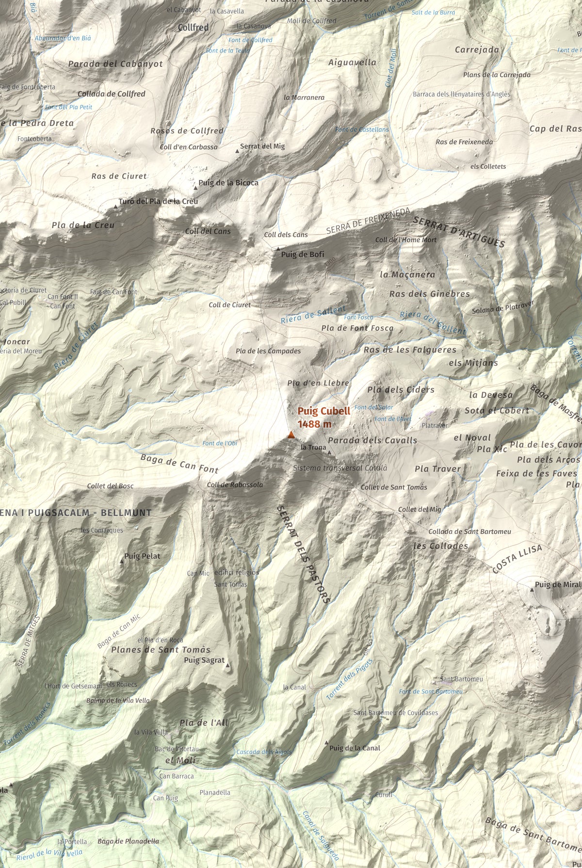 Mapa de relieve de Puig Cubell, 1488 m, Garrotxa · Osona, lámina 100 Cims de Trobart. Detalle de la zona central. 61 × 91 cm.