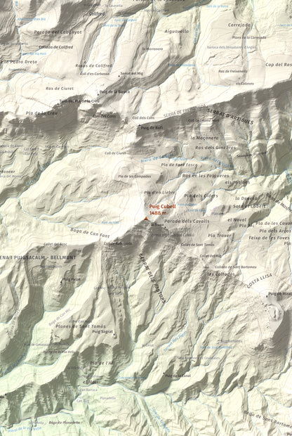 Mapa de relieve de Puig Cubell, 1488 m, Garrotxa · Osona, lámina 100 Cims de Trobart. Detalle de la zona central. 61 × 91 cm.