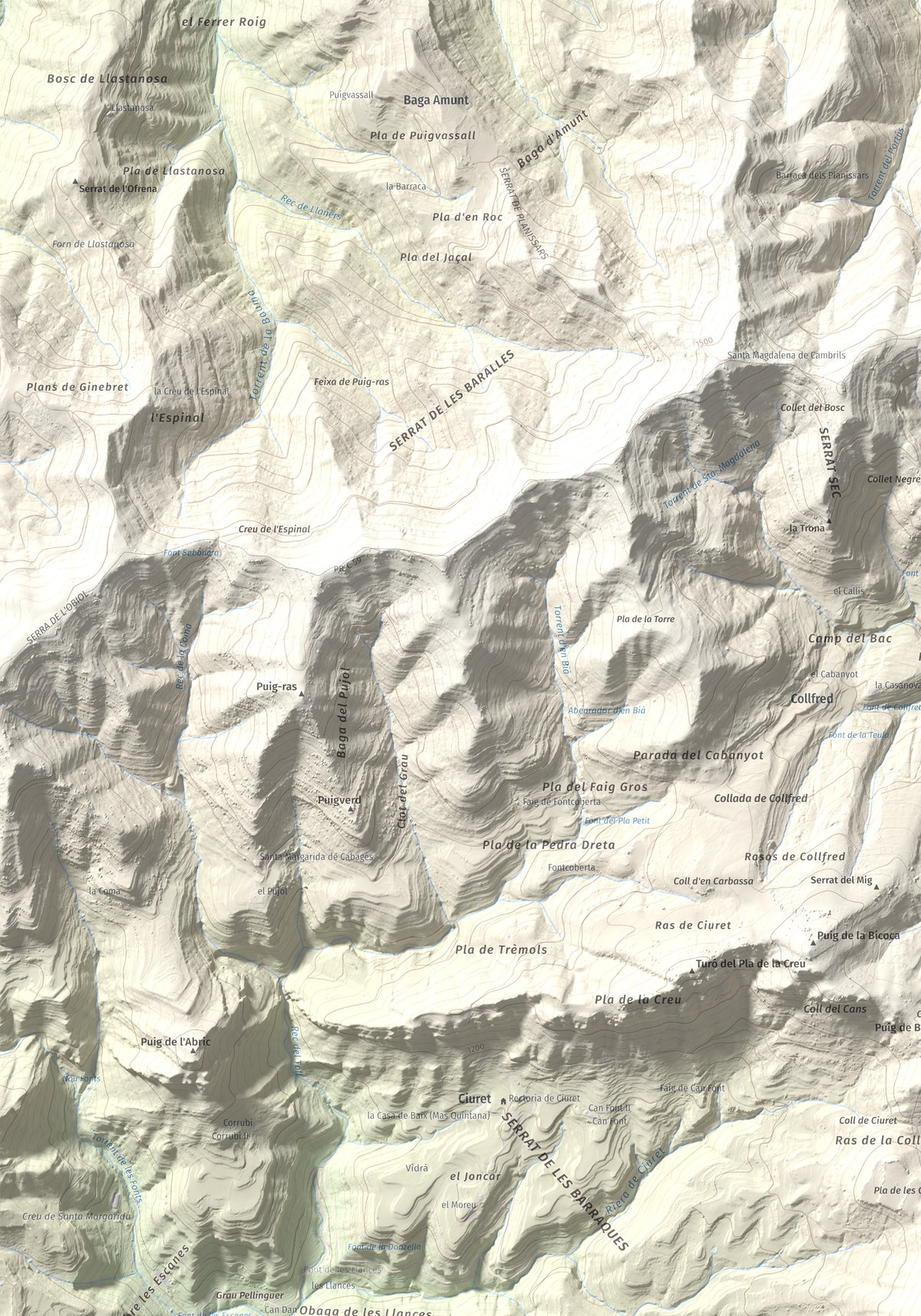 Mapa de relieve de Puig Cubell, 1488 m, Garrotxa · Osona, lámina 100 Cims de Trobart. Detalle de la zona superior izquierda. 70 × 100 cm.