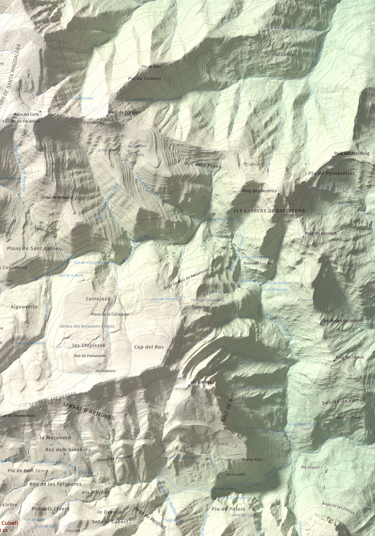 Mapa de relieve de Puig Cubell, 1488 m, Garrotxa · Osona, lámina 100 Cims de Trobart. Detalle de la zona superior derecha. 70 × 100 cm.