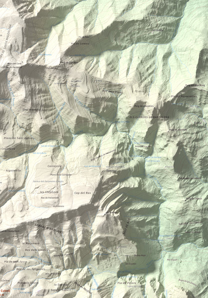 Mapa de relieve de Puig Cubell, 1488 m, Garrotxa · Osona, lámina 100 Cims de Trobart. Detalle de la zona superior derecha. 70 × 100 cm.
