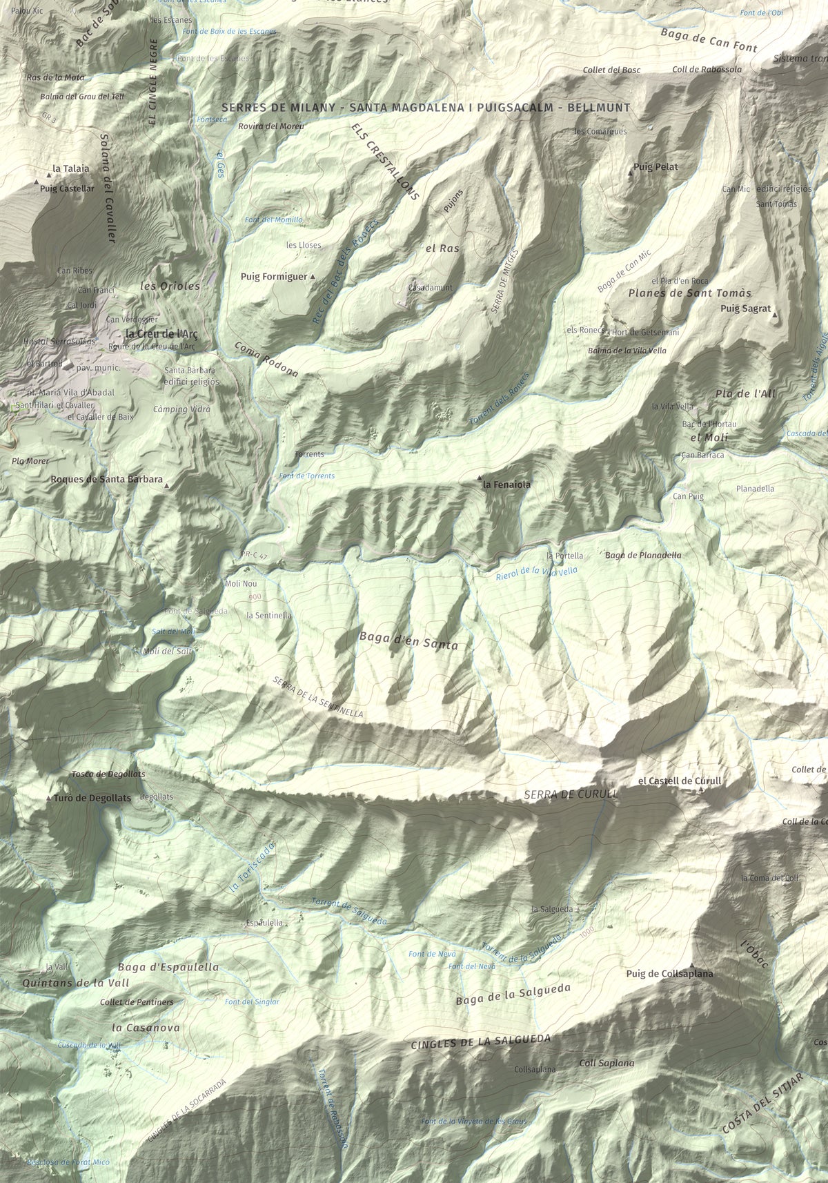 Mapa de relieve de Puig Cubell, 1488 m, Garrotxa · Osona, lámina 100 Cims de Trobart. Detalle de la zona inferior izquierda. 70 × 100 cm.