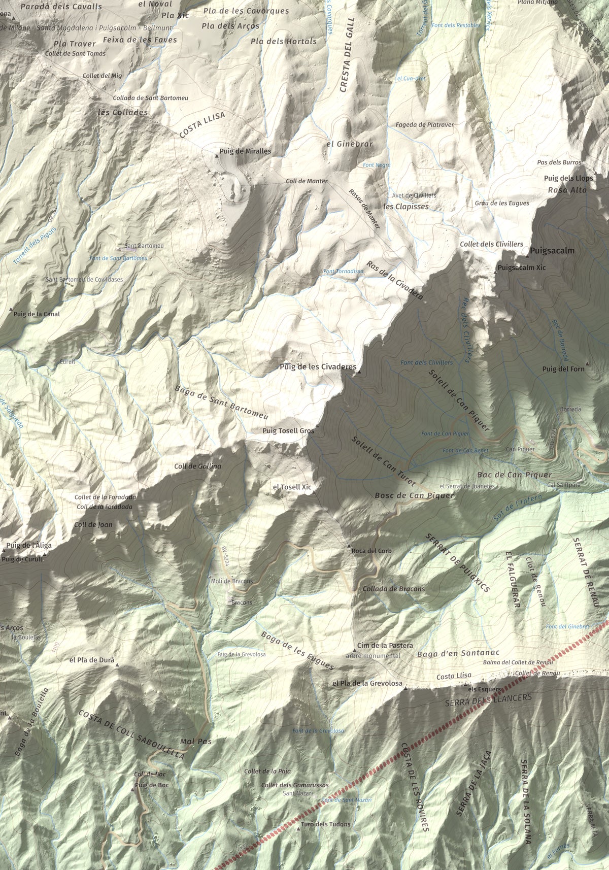 Mapa de relieve de Puig Cubell, 1488 m, Garrotxa · Osona, lámina 100 Cims de Trobart. Detalle de la zona inferior derecha. 70 × 100 cm.