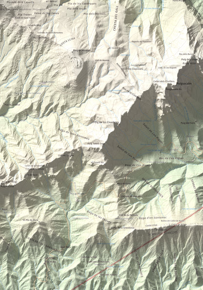 Mapa de relieve de Puig Cubell, 1488 m, Garrotxa · Osona, lámina 100 Cims de Trobart. Detalle de la zona inferior derecha. 70 × 100 cm.
