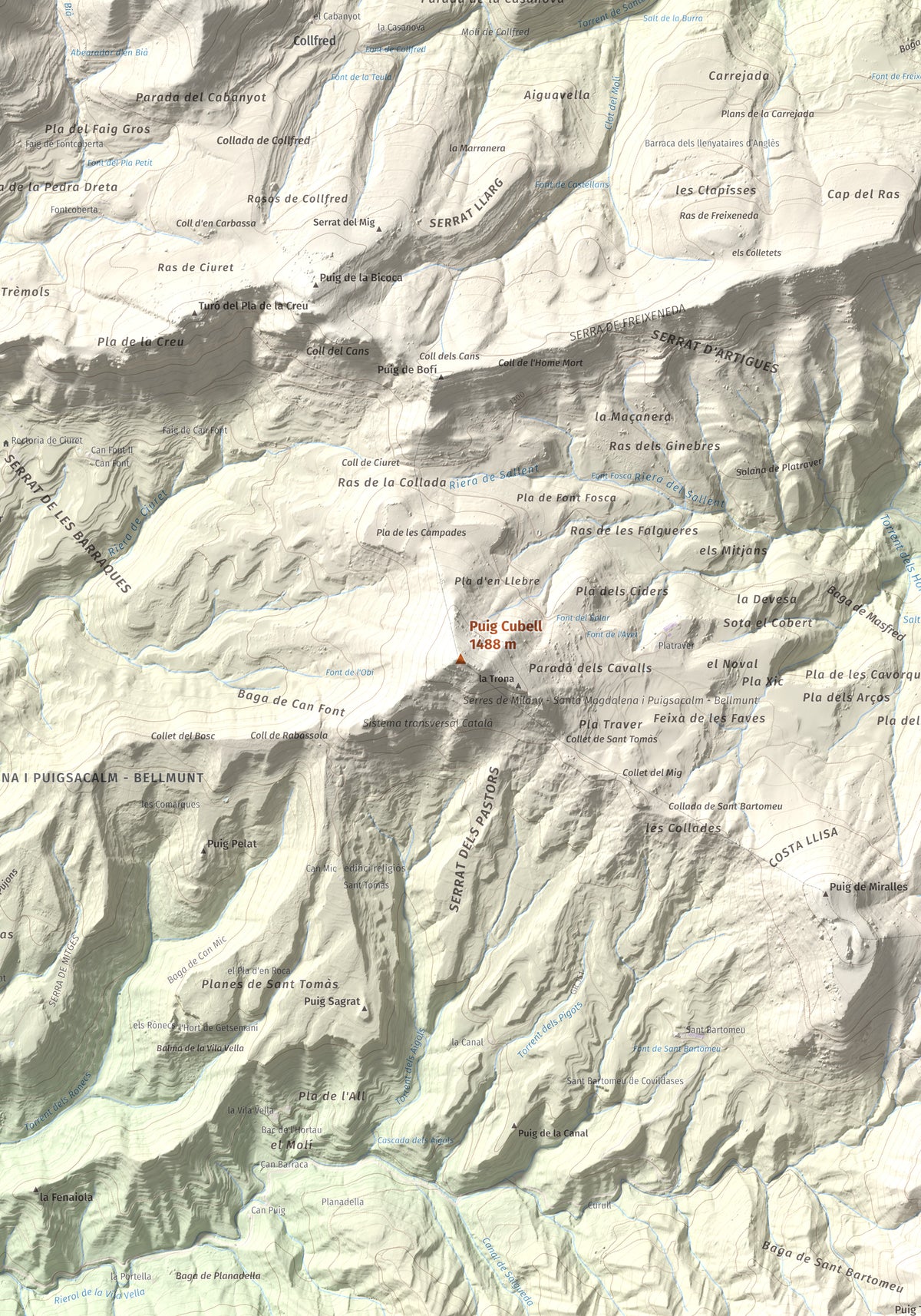 Mapa de relieve de Puig Cubell, 1488 m, Garrotxa · Osona, lámina 100 Cims de Trobart. Detalle de la zona central. 70 × 100 cm.