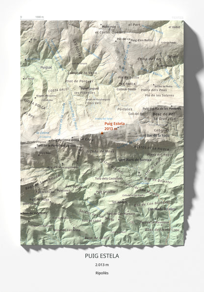 Mapa de relieve de Puig Estela, 2013 m, Ripollès, lámina 100 Cims de Trobart 21 × 30 cm.