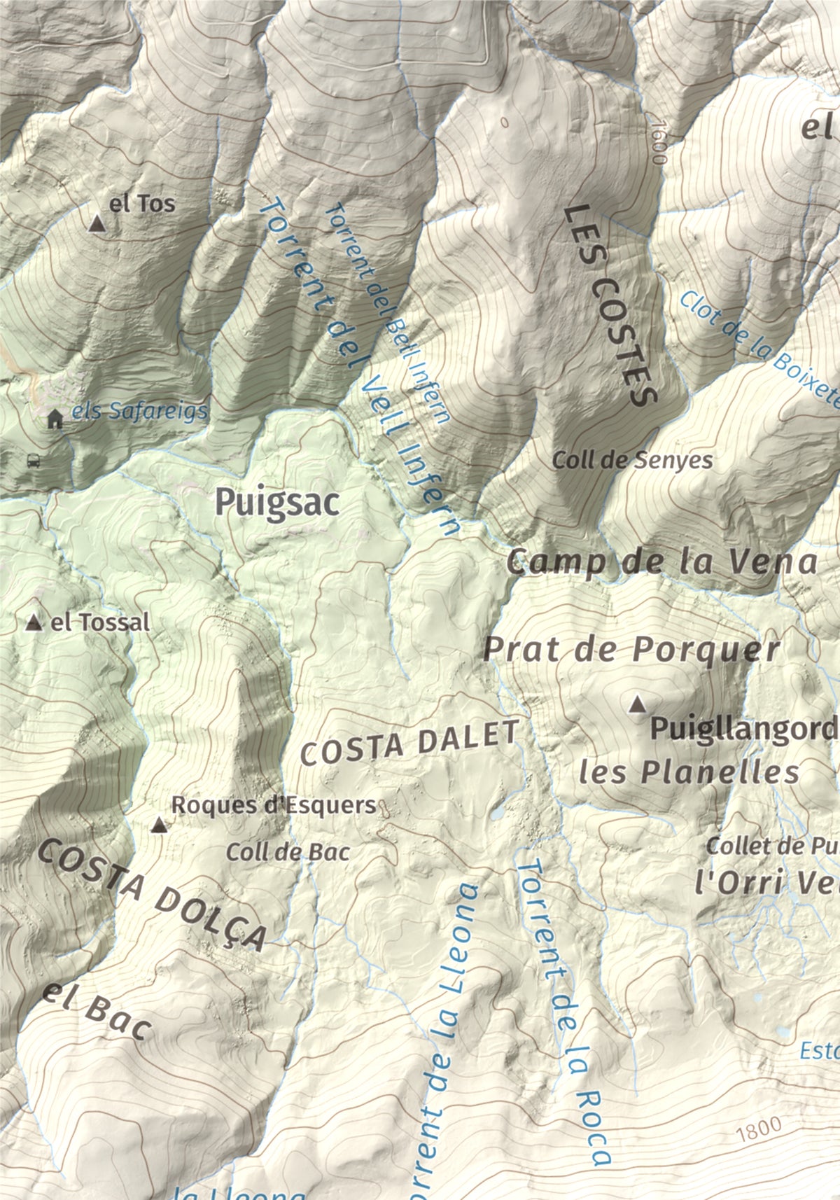 Mapa de relieve de Puig Estela, 2013 m, Ripollès, lámina 100 Cims de Trobart. Detalle de la zona superior izquierda. 21 × 30 cm.