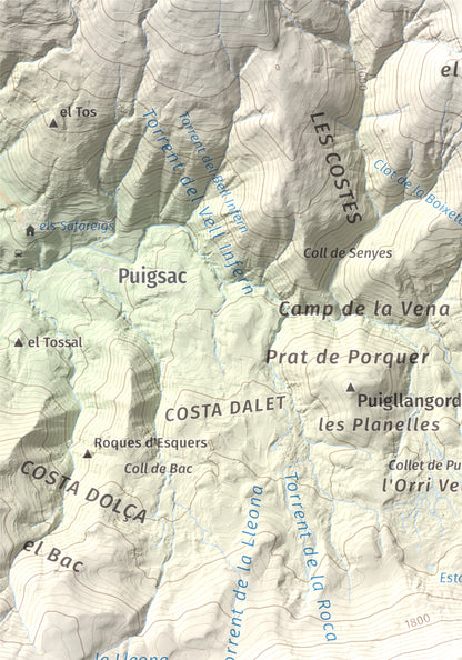 Mapa de relieve de Puig Estela, 2013 m, Ripollès, lámina 100 Cims de Trobart. Detalle de la zona superior izquierda. 21 × 30 cm.