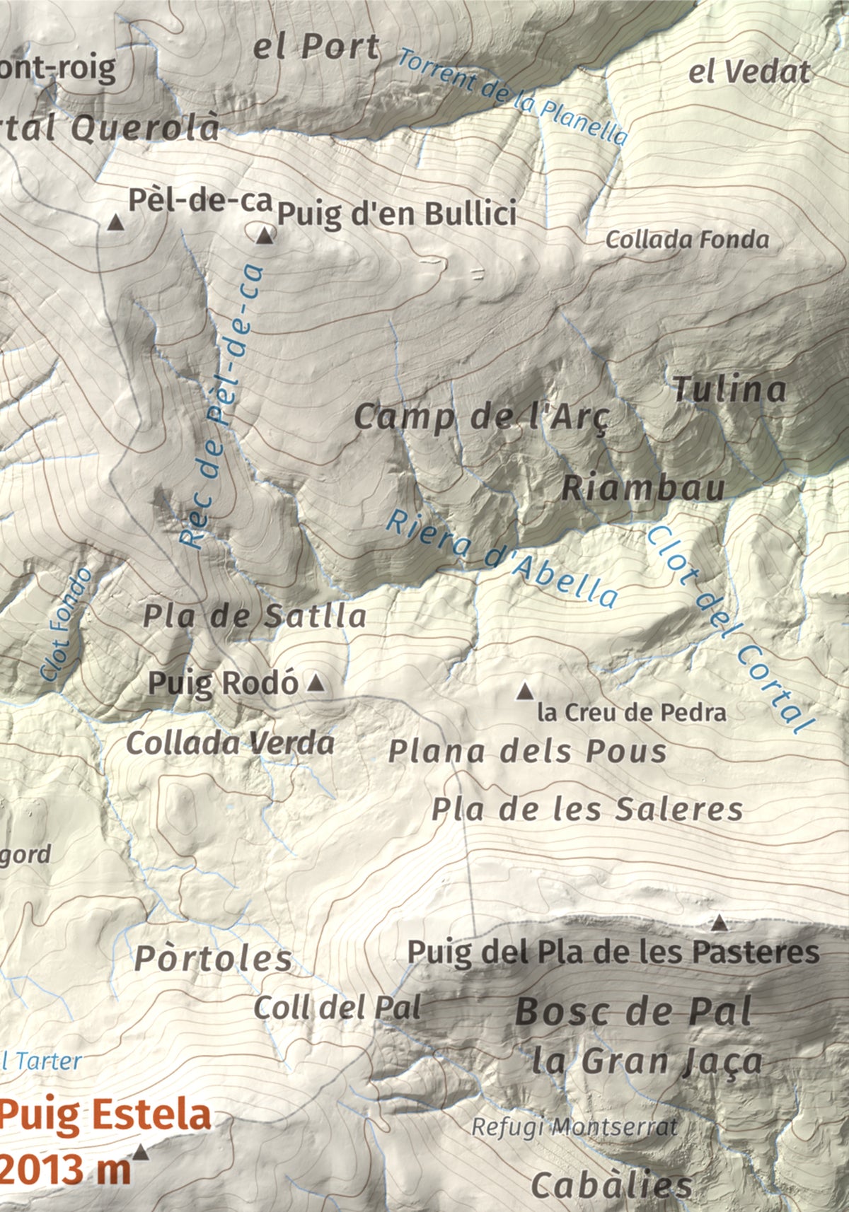 Mapa de relieve de Puig Estela, 2013 m, Ripollès, lámina 100 Cims de Trobart. Detalle de la zona superior derecha. 21 × 30 cm.