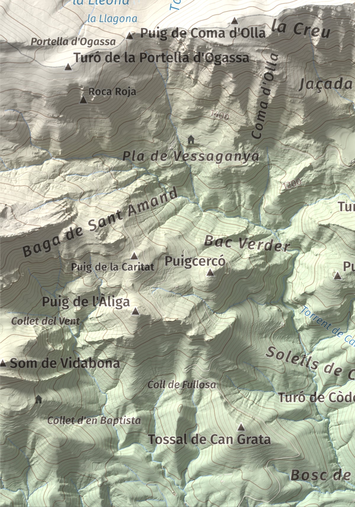 Mapa de relieve de Puig Estela, 2013 m, Ripollès, lámina 100 Cims de Trobart. Detalle de la zona inferior izquierda. 21 × 30 cm.