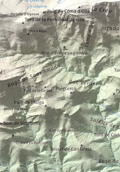 Mapa de relieve de Puig Estela, 2013 m, Ripollès, lámina 100 Cims de Trobart. Detalle de la zona inferior izquierda. 21 × 30 cm.