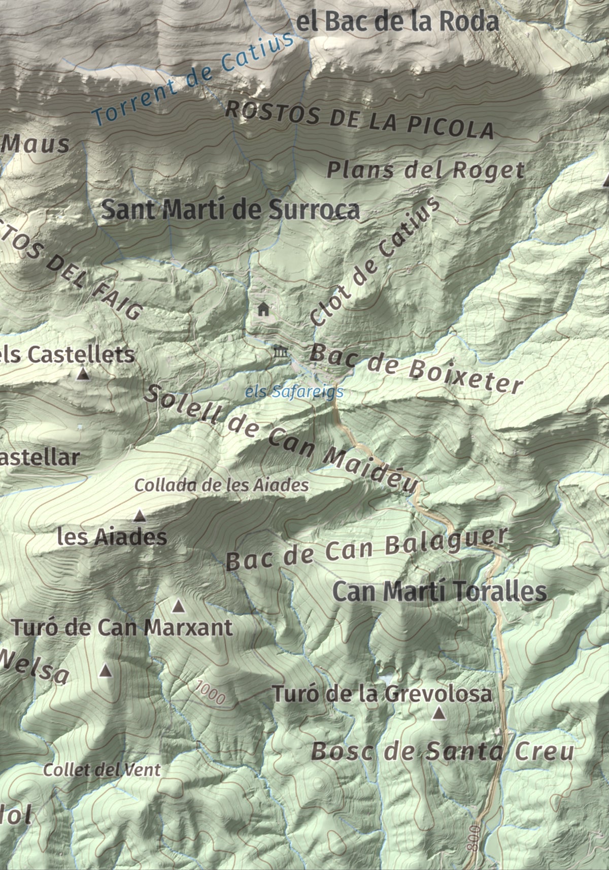 Mapa de relieve de Puig Estela, 2013 m, Ripollès, lámina 100 Cims de Trobart. Detalle de la zona inferior derecha. 21 × 30 cm.