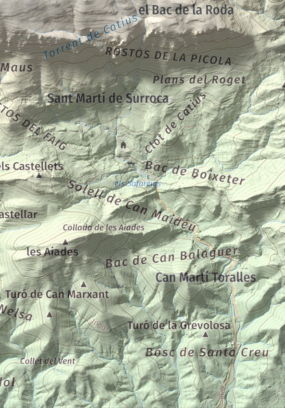 Mapa de relieve de Puig Estela, 2013 m, Ripollès, lámina 100 Cims de Trobart. Detalle de la zona inferior derecha. 21 × 30 cm.