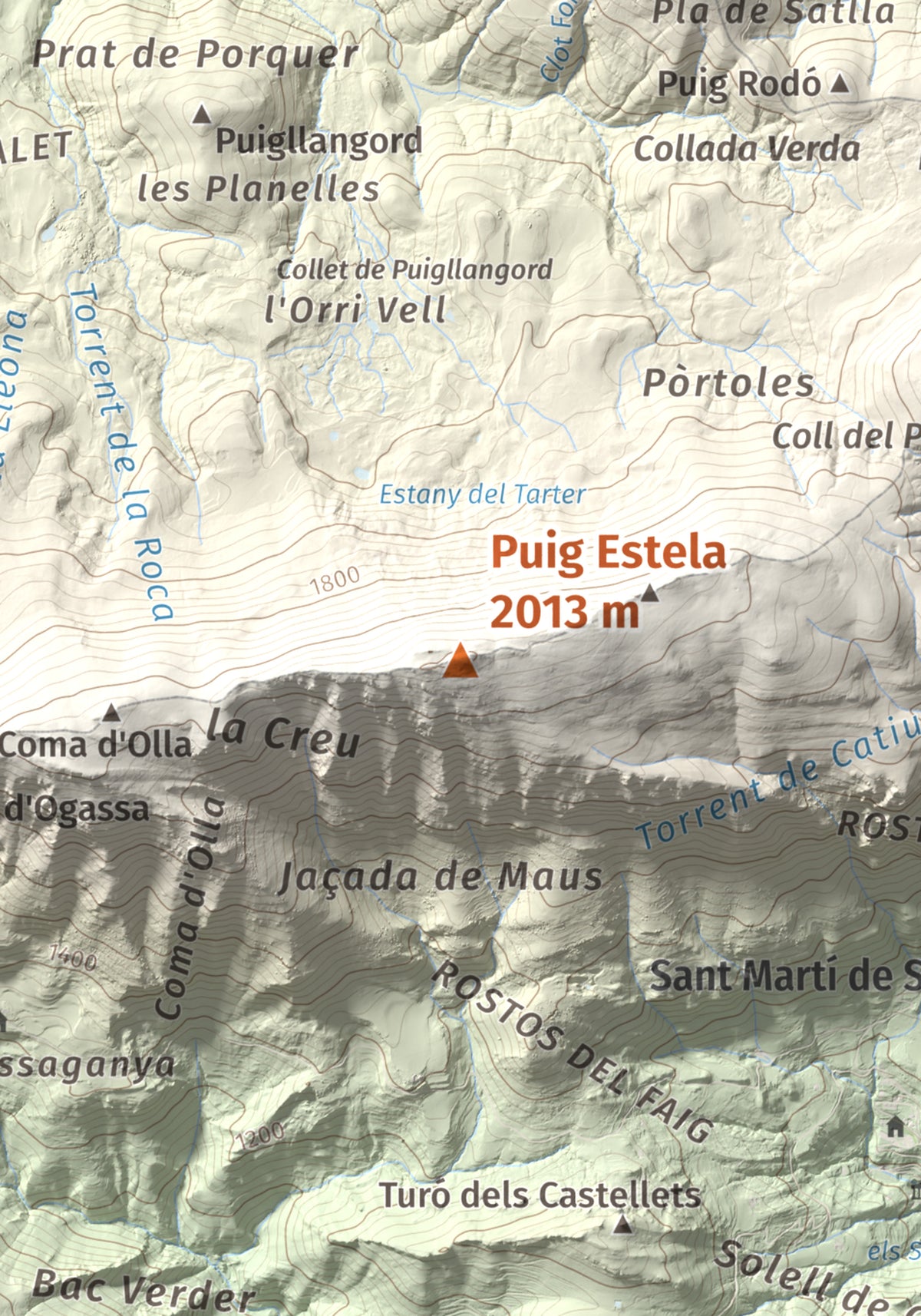 Mapa de relieve de Puig Estela, 2013 m, Ripollès, lámina 100 Cims de Trobart. Detalle de la zona central. 21 × 30 cm.