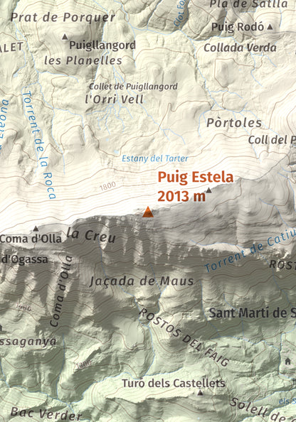 Mapa de relieve de Puig Estela, 2013 m, Ripollès, lámina 100 Cims de Trobart. Detalle de la zona central. 21 × 30 cm.