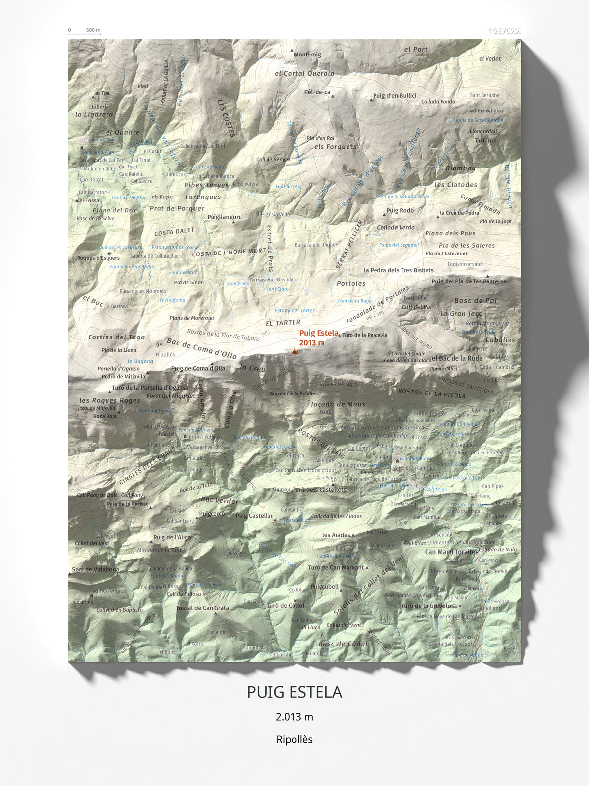 Mapa de relieve de Puig Estela, 2013 m, Ripollès, lámina 100 Cims de Trobart 30 × 40 cm.