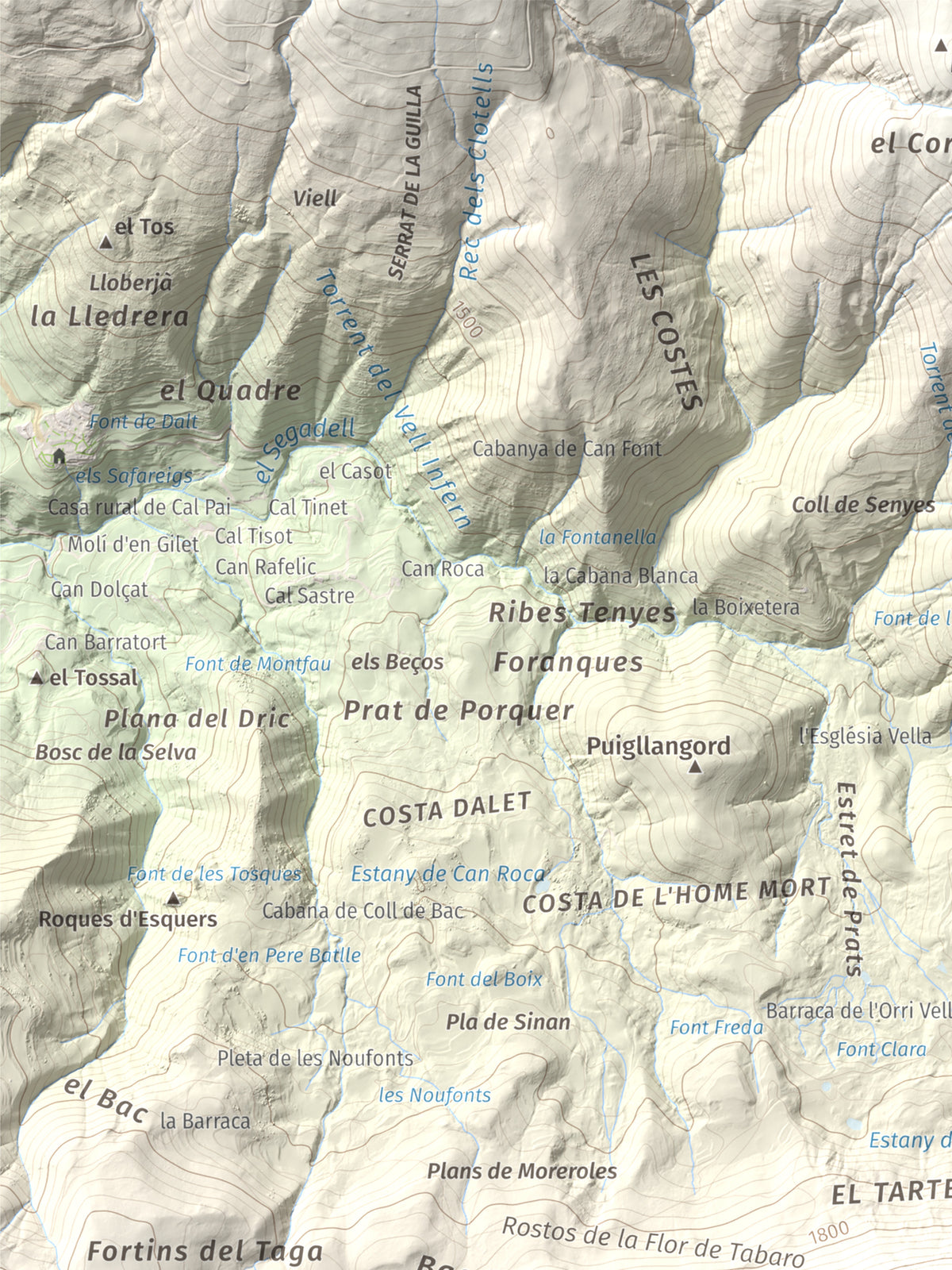 Mapa de relieve de Puig Estela, 2013 m, Ripollès, lámina 100 Cims de Trobart. Detalle de la zona superior izquierda. 30 × 40 cm.