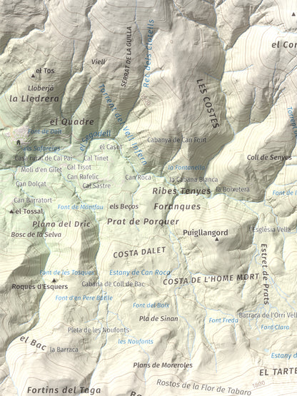 Mapa de relieve de Puig Estela, 2013 m, Ripollès, lámina 100 Cims de Trobart. Detalle de la zona superior izquierda. 30 × 40 cm.