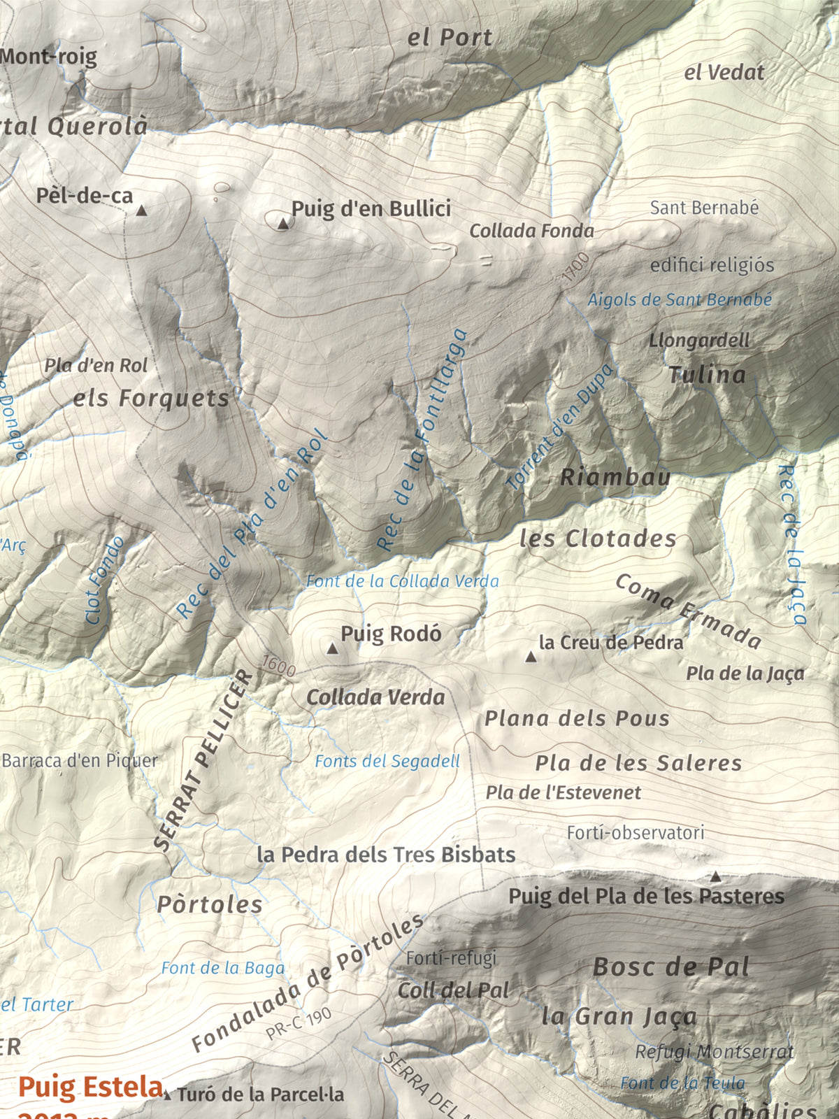Mapa de relieve de Puig Estela, 2013 m, Ripollès, lámina 100 Cims de Trobart. Detalle de la zona superior derecha. 30 × 40 cm.
