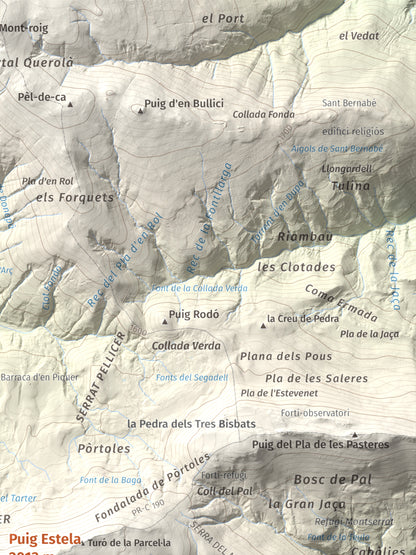 Mapa de relieve de Puig Estela, 2013 m, Ripollès, lámina 100 Cims de Trobart. Detalle de la zona superior derecha. 30 × 40 cm.