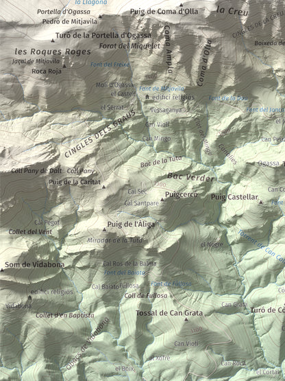 Mapa de relieve de Puig Estela, 2013 m, Ripollès, lámina 100 Cims de Trobart. Detalle de la zona inferior izquierda. 30 × 40 cm.