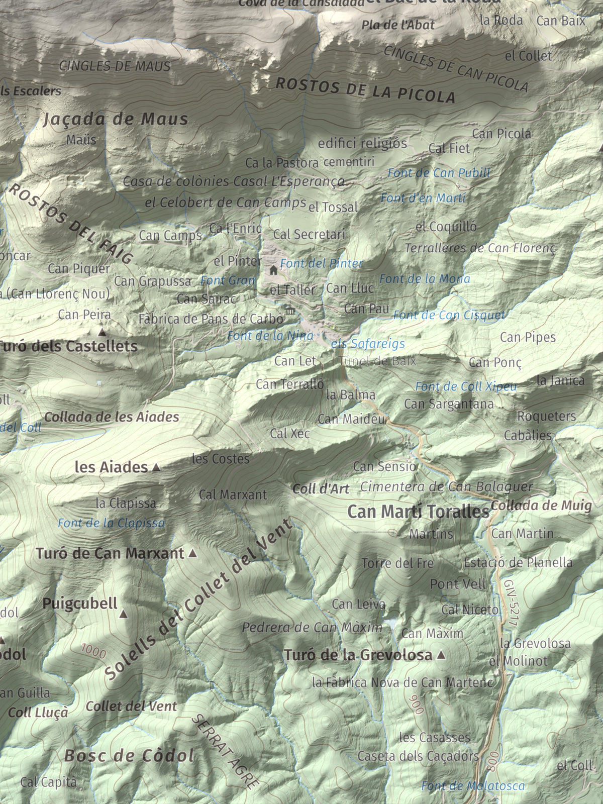 Mapa de relieve de Puig Estela, 2013 m, Ripollès, lámina 100 Cims de Trobart. Detalle de la zona inferior derecha. 30 × 40 cm.