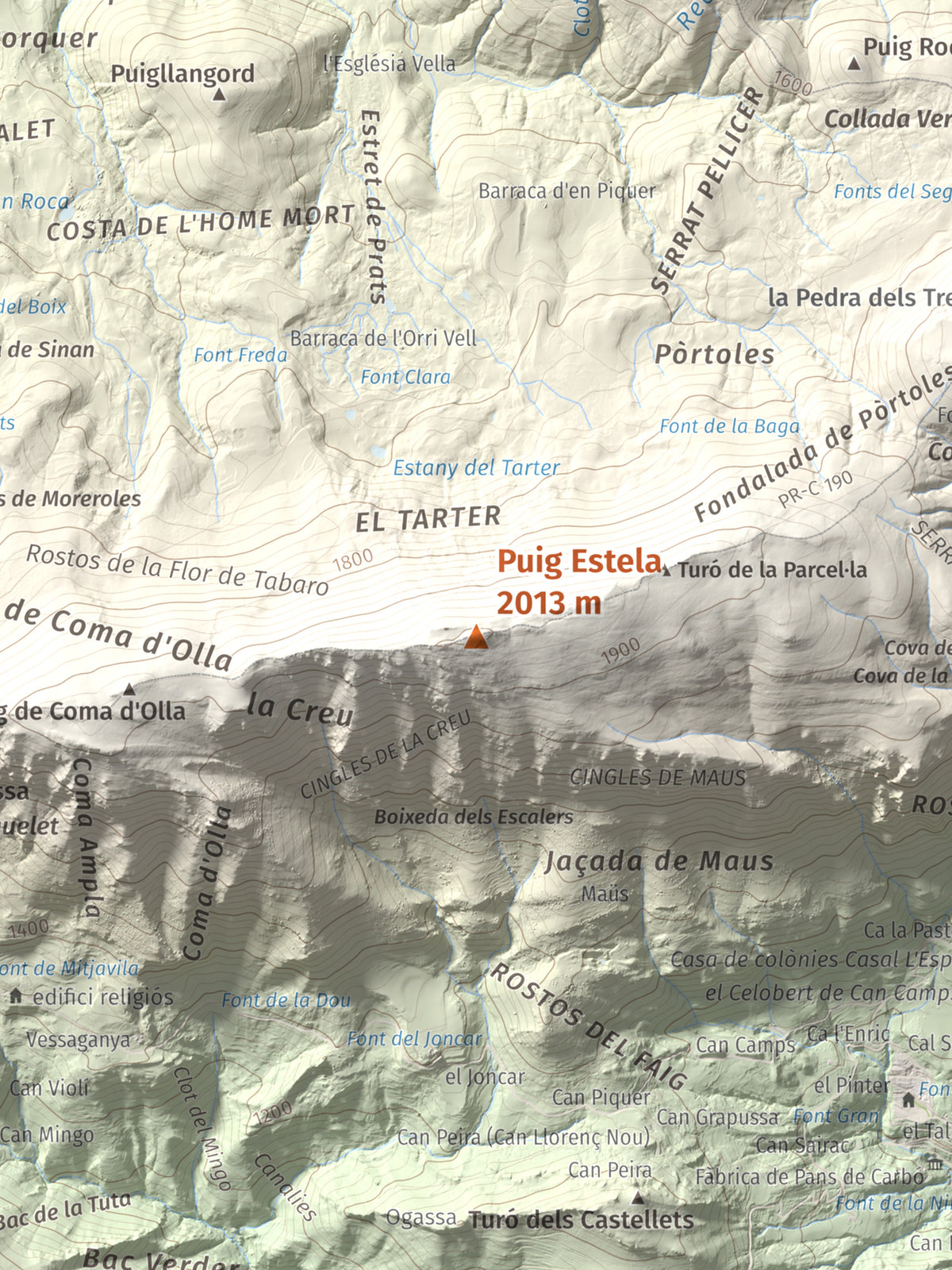Mapa de relieve de Puig Estela, 2013 m, Ripollès, lámina 100 Cims de Trobart. Detalle de la zona central. 30 × 40 cm.