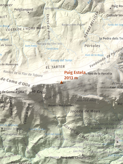 Mapa de relieve de Puig Estela, 2013 m, Ripollès, lámina 100 Cims de Trobart. Detalle de la zona central. 30 × 40 cm.