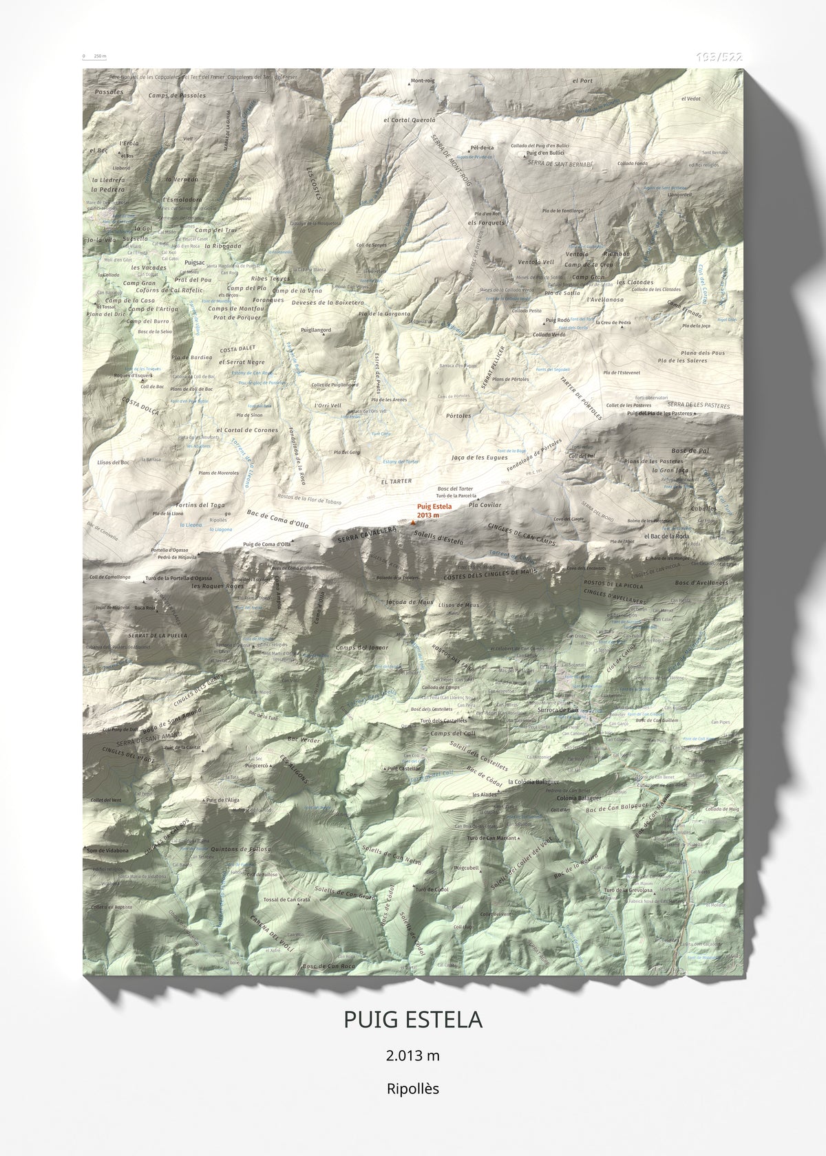 Mapa de relieve de Puig Estela, 2013 m, Ripollès, lámina 100 Cims de Trobart 50 × 70 cm.