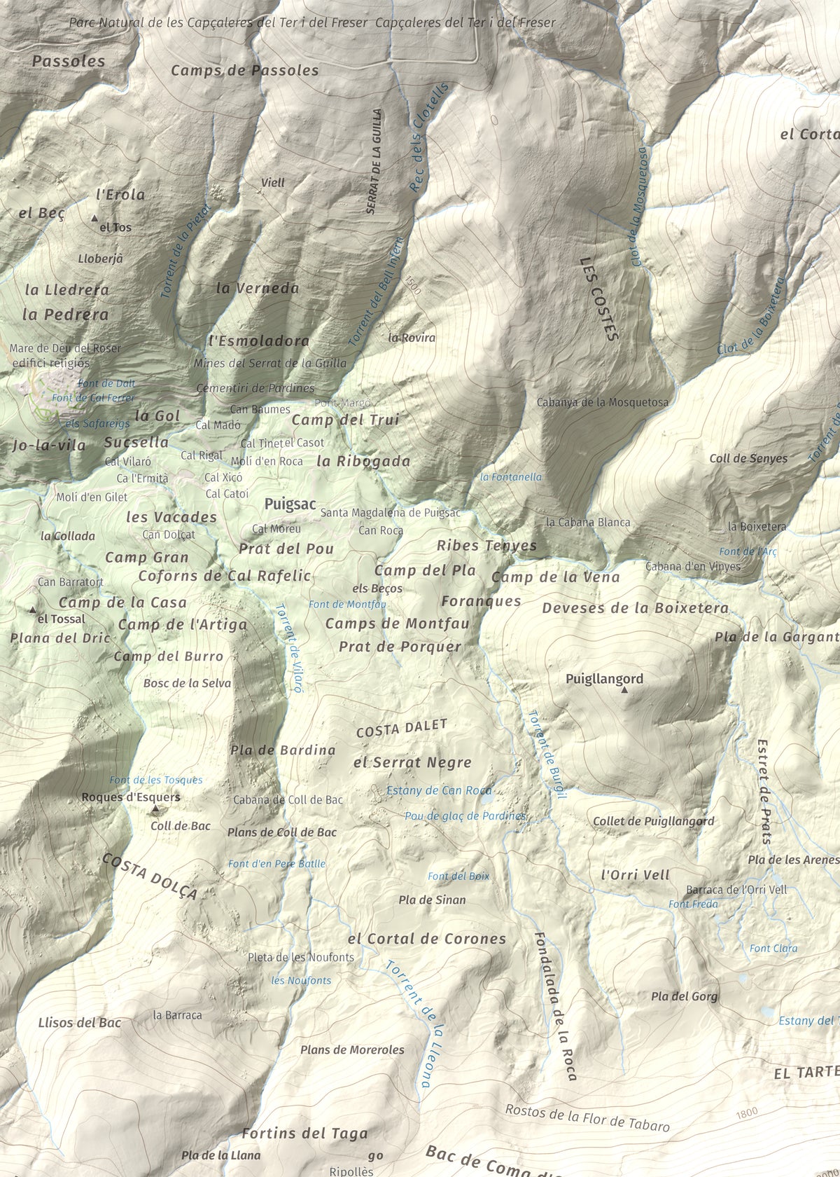 Mapa de relieve de Puig Estela, 2013 m, Ripollès, lámina 100 Cims de Trobart. Detalle de la zona superior izquierda. 50 × 70 cm.