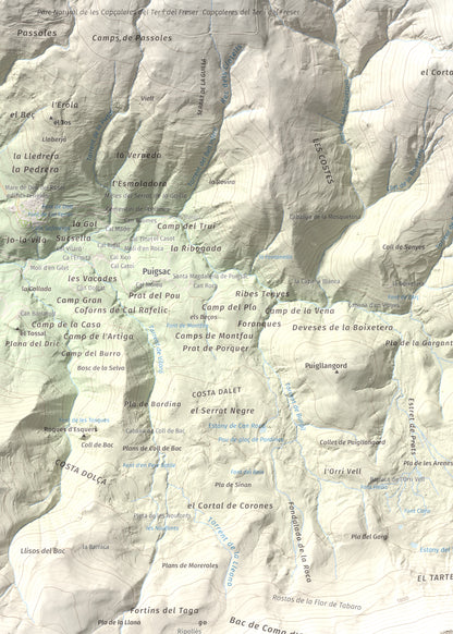 Mapa de relieve de Puig Estela, 2013 m, Ripollès, lámina 100 Cims de Trobart. Detalle de la zona superior izquierda. 50 × 70 cm.