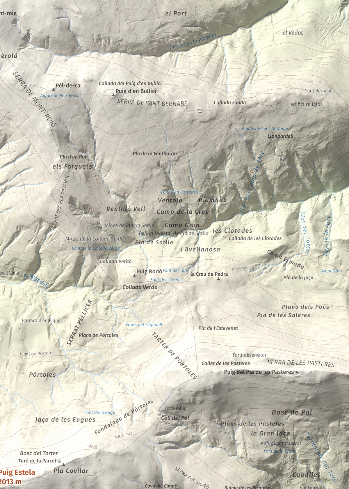 Mapa de relieve de Puig Estela, 2013 m, Ripollès, lámina 100 Cims de Trobart. Detalle de la zona superior derecha. 50 × 70 cm.