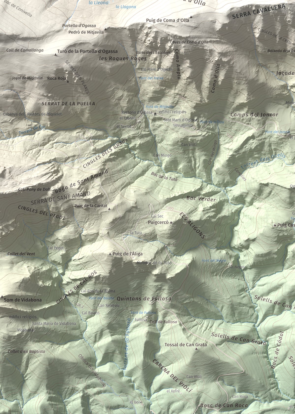 Mapa de relieve de Puig Estela, 2013 m, Ripollès, lámina 100 Cims de Trobart. Detalle de la zona inferior izquierda. 50 × 70 cm.