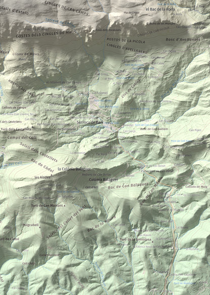 Mapa de relieve de Puig Estela, 2013 m, Ripollès, lámina 100 Cims de Trobart. Detalle de la zona inferior derecha. 50 × 70 cm.