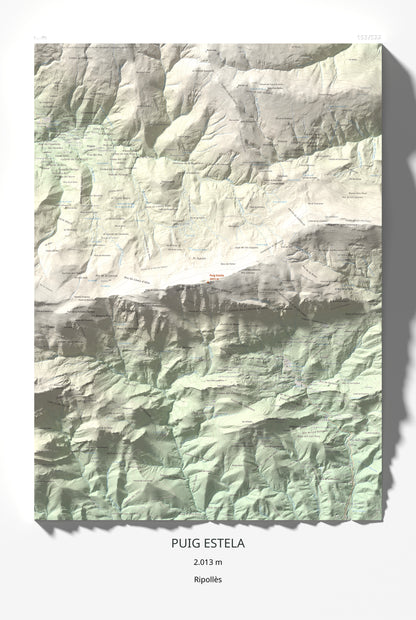 Mapa de relieve de Puig Estela, 2013 m, Ripollès, lámina 100 Cims de Trobart 61 × 91 cm.